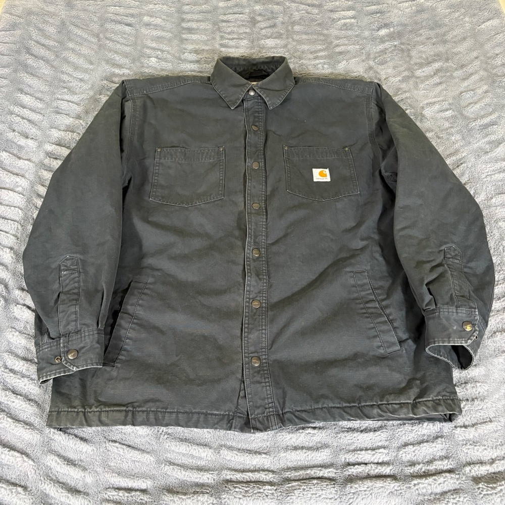 Carhartt Mens Black Quilted Lined Snap Front Canvas Shirt Jacket 101466 L Reg